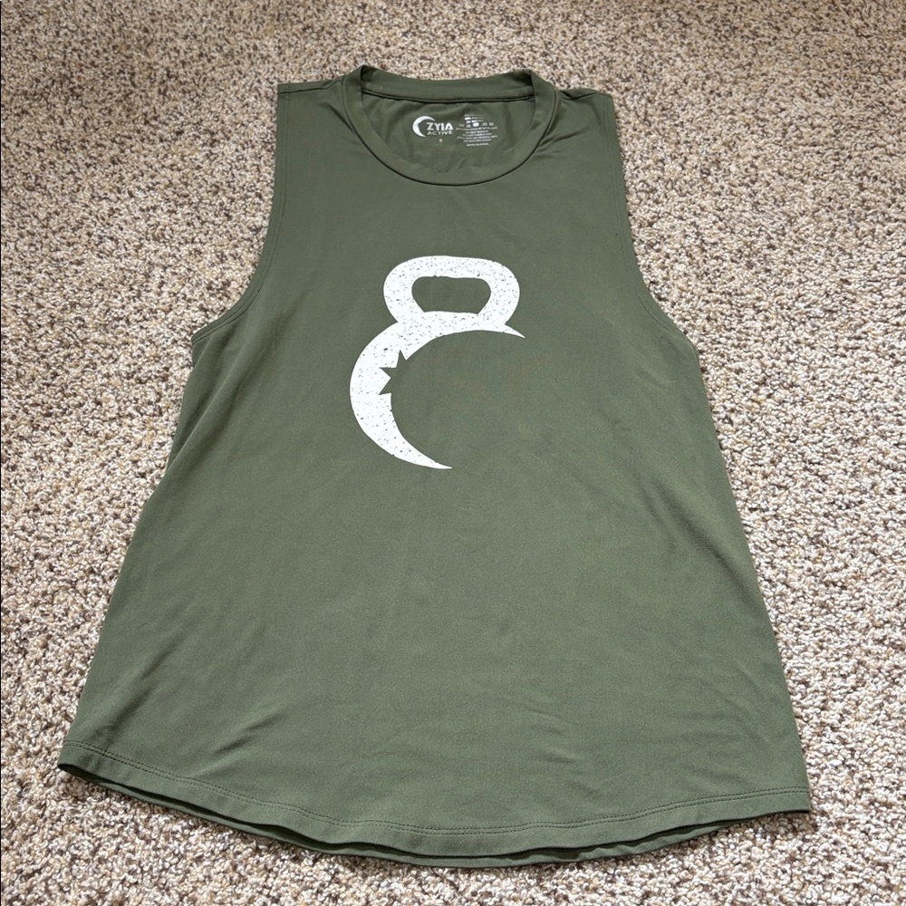 Zyia Active Tank Top Green Moon Kettlebell Graphic Muscle Tee Workout Shirt - Picture 2 of 4